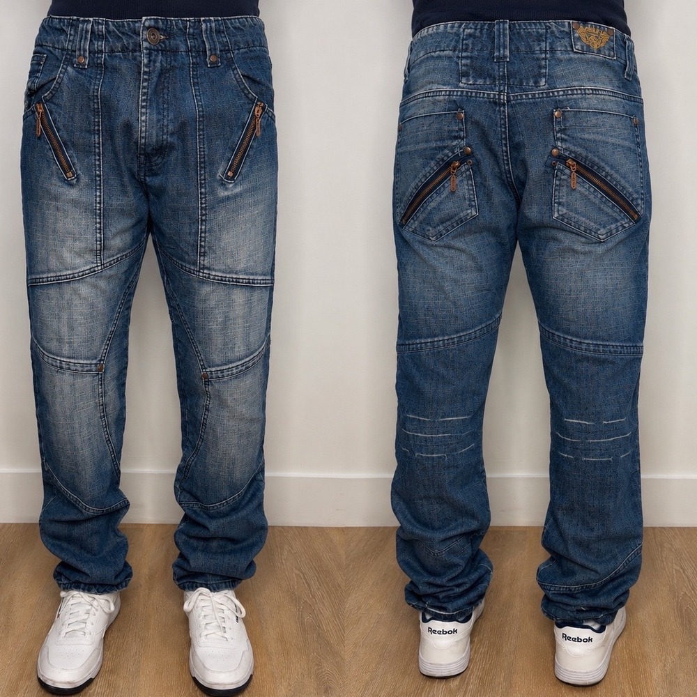 Scott & Fox Mens Y2K Euro Denim Jeans Blue Medium Wash Straight Leg Size 34x32